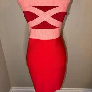 Guess Strapless Red and Pink Bandage Dress